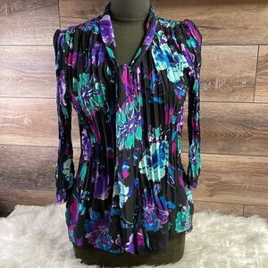 Notations Womens Pleated Button Up Blouse Fairygoth Black Multicolor Floral Sz M
